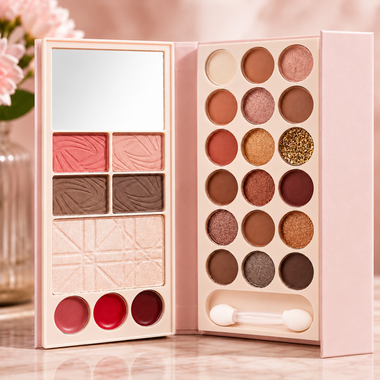 Cute Little All-in-One Makeup Palette – 18 Color Eyeshadow, Blusher, Lipstick, Highlighter & Eyebrow Powder | Compact Travel Makeup Kit
